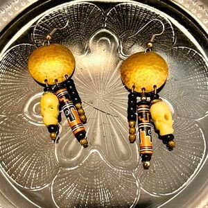 Peruvian Handcrafted Gold and Black Skull Earrings Peru Bohemian Hippie Retro